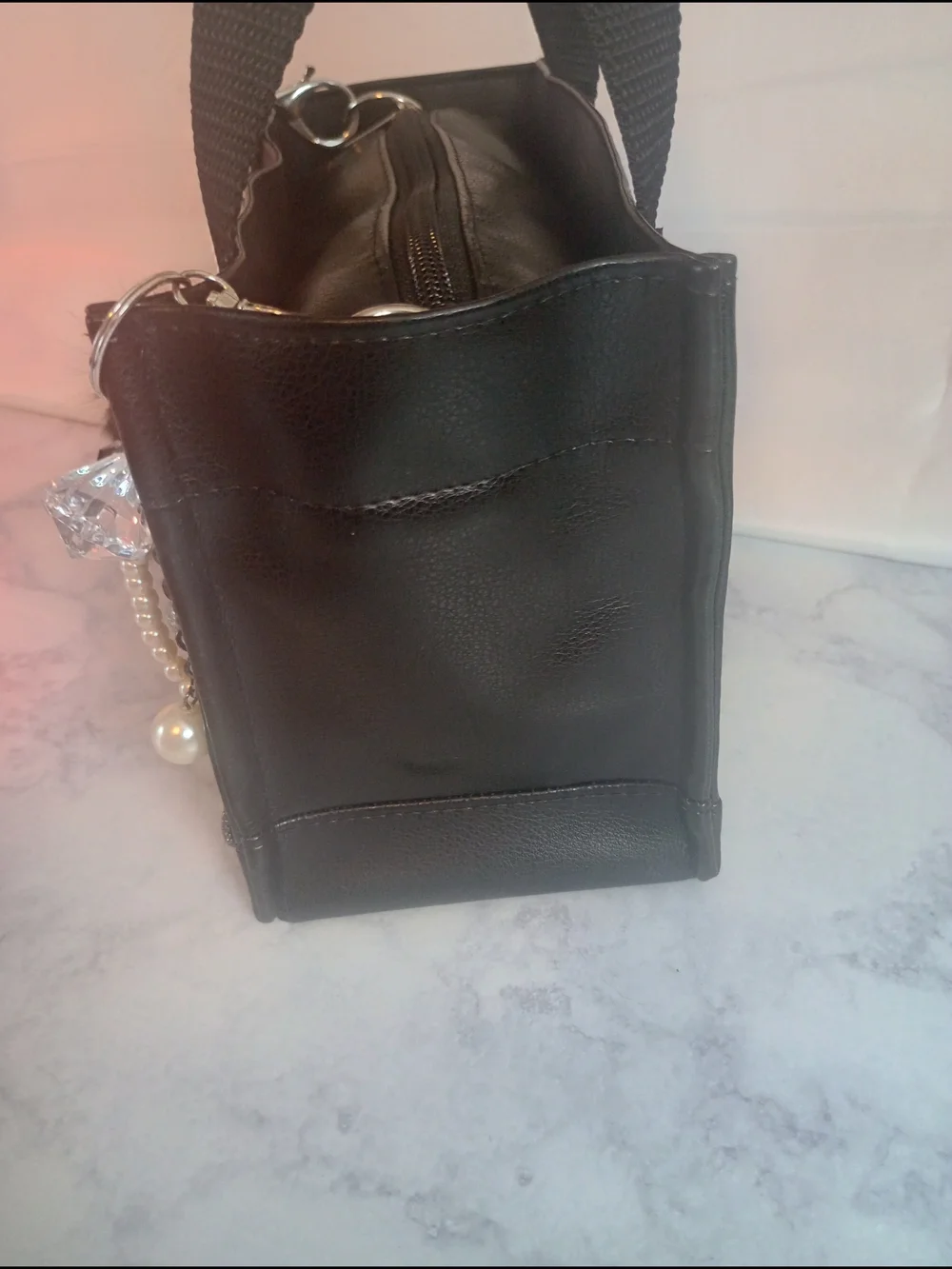 Handmade Black Vinyl Handbag With Removable Charms, Christmas, Birthday Gift